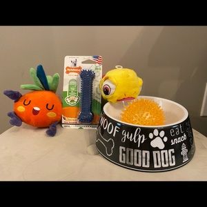Dog toy set with pet feeder bowl